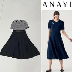 ANAYI シアーボリューム 半袖ニットワンピース ボーダー ドッキング極
