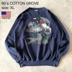 90's USA製COTTON GROVE コットングローブ　鴨アートスウェット