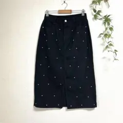 美品✨XXL 大きいサイズ ラインストーン 黒 デニムロングスカート スリット入