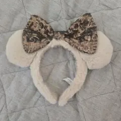 ディズニーカチューシャ ミニー もこもこ ベージュ スパンコール リボン