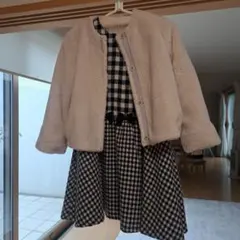 熊曲チェック柄ワンピースとファージャケットセット