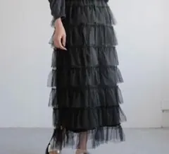 【LOWRYSFARM】 美品 段々チュールロングスカ ート/ブラック
