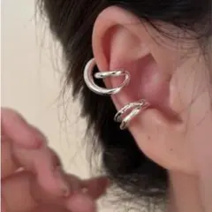 イヤーカフ 変形 デザイン シルバー 2連 丸み フォルム サージカルステンレス