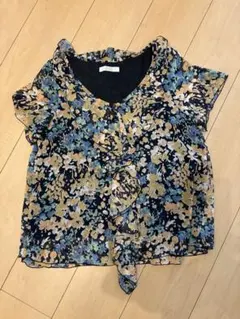 grove 花柄 フリル 半袖ブラウス ネイビー