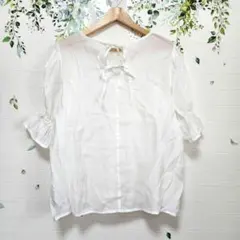 【ディスコート】ラウンドネック リボン 5分袖 ブラウス 透け感 レイヤード