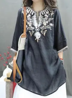 ロングシャツ カジュアル チュニック 刺繡 シャツブラウス ロング丈 ネイビー