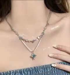 新品　レディース　女性　アクセサリー　ターコイズ風の石のダブルネックレス