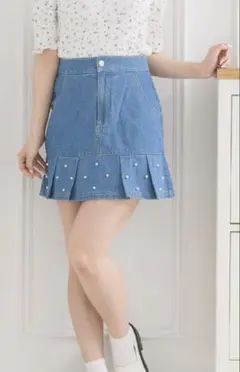 新品　タグ付き　ems excite パール付き　デニムミニ　ブルー サイズF