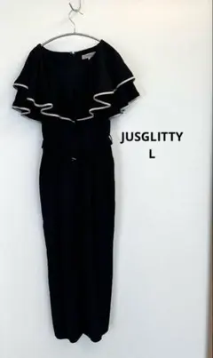 美品JUSGLITTYフリルリネンライクワンピース ブラックM