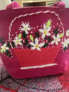 花かご刺繍トートバッグ ピンク