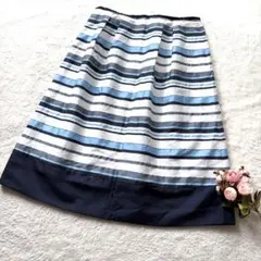 ルイシャンタン◇ボーダー　フレアスカート　水色　ネイビー　春夏　薄手　40　Ｌのサムネイル
