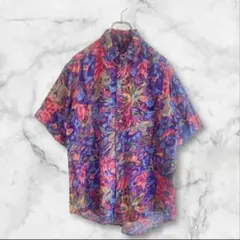 総柄デザイン半袖シャツブラウス花柄ユニセックスレトロ紫パープルヴィンテージ古着