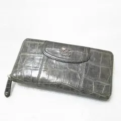 コーチ　クロコ型押し　ラウンドファスナー　長財布　グレー