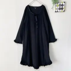 ルームウェア M ワンピース 黒 パイル素材 フリル 部屋着 大人可愛い