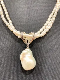 美品 925 ライスパール3連とオイスターパール ネックレス ハート型ペンダント