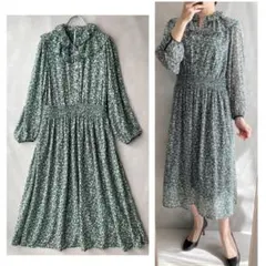 極美品✨ホワイト WHYTO. フリル シャーリング 花柄ロングワンピース 緑のサムネイル