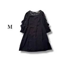 パーティードレス 【M】 ワンピース ビジュー ラッフル 7分袖