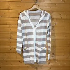 新品　i.choice ボーダー　カーディガン　 麻100% ベージュ×シロ