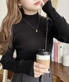 moment+ 12G ボトルネックワイドリブカラー＆ボーダーニットプルオーバー