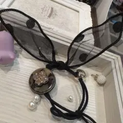 ★⭐︎ヘアゴム449の4キラキラ鼈甲柄アセテート素材ブラックウサ耳ビジューゴム高級