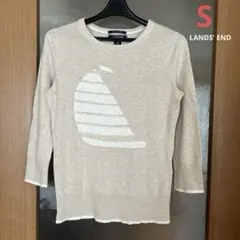 【LANDS' END】ヨット柄七分袖ニット セーター ベージュ S