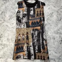 プリント デザイン ワンピース　ノースリーブワンピース　S M レディース 洋館