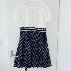 フリルブラウスドット柄半袖シフォンワンピ〜11号