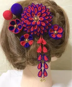 つまみ細工　髪飾り　赤&紫(ダリア風)6点セット