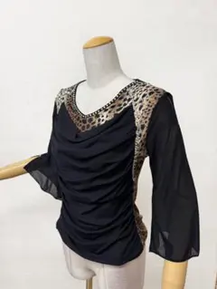 【Lサイズ】新品　黒　レオパード柄　ラインストーン　社交ダンスカットソーｂ420