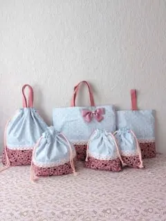 入学入園6点セット、女の子、レッスンバック☆上履き袋☆体操着袋、お弁当袋、給食袋