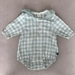 水色チェック柄ロンパース 70cm 100%コットン