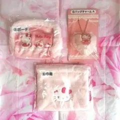 オークション／新品】ハローキティ当りくじ３点セット（サンリオポーチ巾着チャーム）