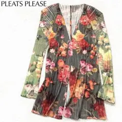 【美品】プリーツプリーズ PLEATS PLEASE 花柄 ロング カーディガン 美品】プリーツプリーズ PLEATS PLEASE 花柄 ロング カーディガン