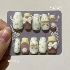 ウィッシュコア ネイルチップ 小花柄 ガーリー フレンチ リボン バラ イエロー