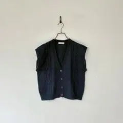 ビンテージ ケーブル編みニットベスト ネイビー 紺 Vネック ウール レトロ L
