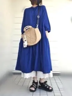 【新品タグ付き】シーズンリーズン バンドカラー ロングワンピース L ブルー