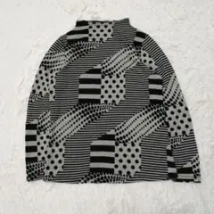 Vintage 長袖 トップス ハイネック モノトーン 総柄 M相当 レトロ