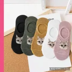【新品未使用】猫靴下アンクルソックス5足セットスニーカー白黒ピンクワンサイズ