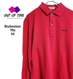 90s Budweiser バドワイザー 長袖ポロシャツ 赤 レッド M