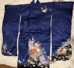 紺色花柄振袖と金色帯セット 古典柄 濃紺 金彩 袋帯 セット 成人式