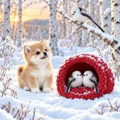 新柄‼️犬柄【368】限定パネル生地　シマエナガとわんこ