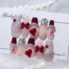 Ｎｏ．現品 ネイルチップハンドメイド レッドピンクシルバー韓国ハートリボン大人