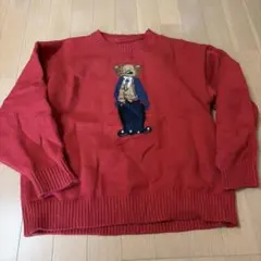 クマ刺繍 赤 ニットセーター 長袖