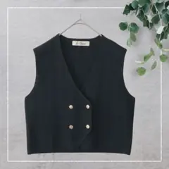 【ルイシャンタン】ボタンデザインVネックニットベスト　クロップド丈　黒　金ボタン
