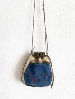デニムリメイク・キャンバス巾着袋ポーチ/調節可能なショルダーひも付き