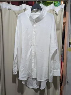 ホワイト 長袖シャツ スタンドカラー