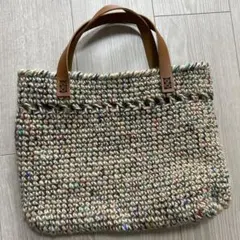 麻紐と多色の毛糸で編んだバッグ　持ち手レザー　ハンドメイド　カジュアル