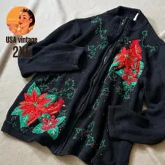 ⭐️SALE⭐️【USA古着】クリスマス　アグリーセーター　カーディガン　鳥　黒