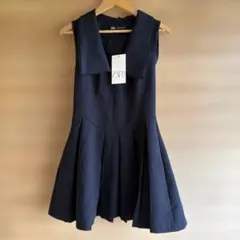 S623.4ZARA ノースリーブ プリーツワンピース ネイビー Sのサムネイル