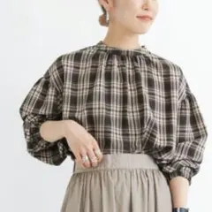 Samansa Mos2 blue　前後2WAYチェックギャザーブラウス